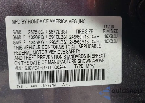 2020 Acura Mdx Standard z USA, uszkodzony, nr VIN 5J8YD4H3XLL006244